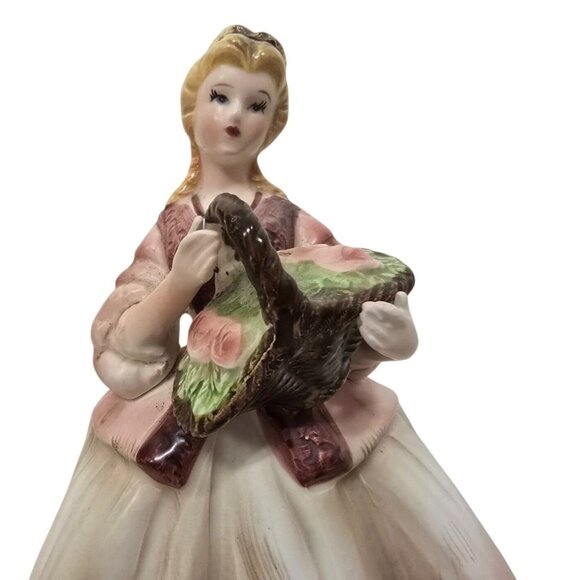 Vintage Lefton Lady Figurine Planter With Basket Pink/White Ceramic - Picture 7 of 7